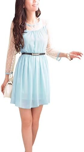 Ladies Semi-Sheer Long Sleeves Splicing Belted Dress Light Blue M