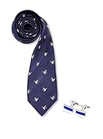 SILVIO SILVANI Pack Corbata Azul Marino Con Patos + Gemelos Con Piedra Azul Marino