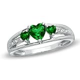 Paris Jewelry 1 Carat Heart Shape Emerald and Genuine Diamond Ring in Sterling Silver 3 Stone