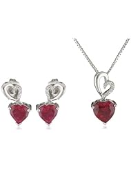 XPY Sterling Silver Ruby and Diamond Heart Earrings and Pendant Necklace Set, 18"