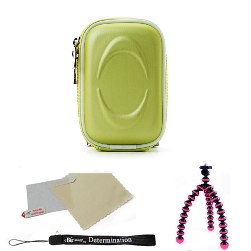 Best Price EVA Green Durable Slim Protective Storage Cover Cube Carrying Case with Internal Mesh Pocket with Carabiner clip for Canon Power-Shot A490 A495 A800 A1200 A2200 A3000 IS A3100 IS A3300 IS D10 ELPH 100 HS ELPH 300 HS ELPH 310 HS Point and Shoot Digital Camera + Includes Pink 6 Inch Mini Flexi Tripod + Includes a Anti Glare Screen Protector