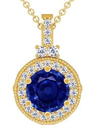 14K Yellow Gold Round Cut Blue Sapphire And Round Diamond Pendant (GIA Certificate)