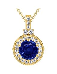 18K Yellow Gold Round Cut Blue Sapphire And Round Diamond Pendant (GIA Certificate)