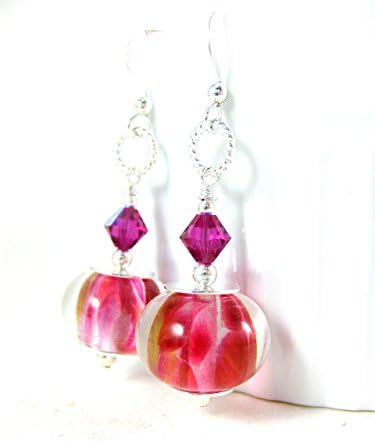 Hot Pink Glass and Sterling Silver Dangle Earrings