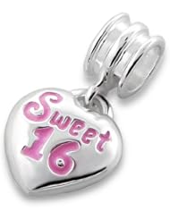 .925 Sterling Silver "Sweet Sixteen Number 16 Sixteen 16th Birthday Heart " Charm Bead Dangle Compatible with Pandora Chamilia Troll Charm Bracelet