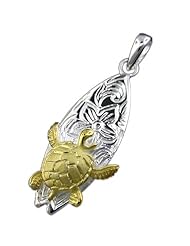 925 Silver Two Tone Surfs Up Turtle Pendant Hawaiian Silver Jewelry