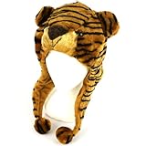 Faux Fake Fur Animal Plush Brown Tiger Trooper Trapper Slip Tie Ski Snow Pom Pom Hat