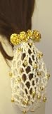 Hand Crocheted Ivory Gimp with Ivory Pearls Dress Snood on Three Gold Plated Buttons on French Barrette Hair Clip for Women and Teens
