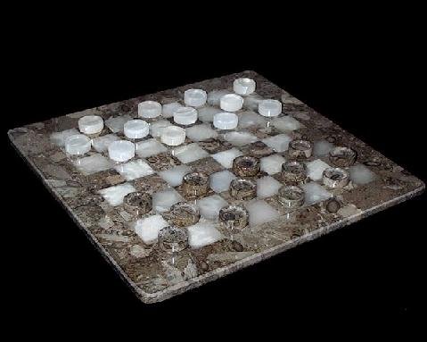 41qo0OXv4eL Brown Fossil Marble & White Onyx Checkers Set   12 Board & Gift Case