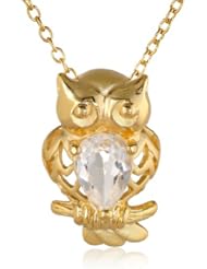 18k Yellow Gold Plated Sterling Silver White Topaz Matte Finish Owl Pendant Necklace, 18"