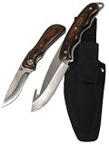 Set of 2 - Full Tang Wood Handle Hunting Knife w/Gut Hook & Folder