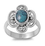 Sterling Silver 19mm Flower Turquoise Stone Ring (Size 6 - 9)