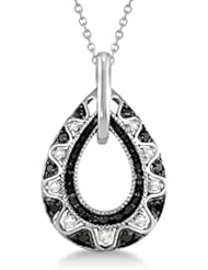 Ladies Black and White Diamond Pear Shaped Pendant Necklace Tear Drop 14K White Gold 0.50ctw