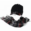 New Plaid Stripe Knit Cabbie Beanie Cap Hat Scarf Set Black