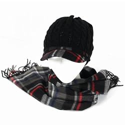 New Plaid Stripe Knit Cabbie Beanie Cap Hat Scarf Set Black