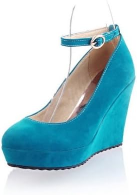 Maymeenth Girls Closed Round Toe High Heel Platform Wedges PU Frosted Solid Pumps, Blue, 38