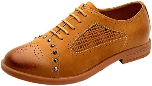 Passionow Christmas Women New Style Beautiful Cute Lace-up Cowhide Flats Rivet Shoes(6(M)US,Tan)