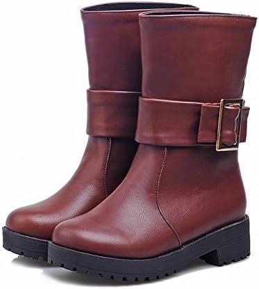 VogueZone009 Womens Round Closed Toe Low Heels Synthetic Solid Boots with Leather Button, Claret, 42