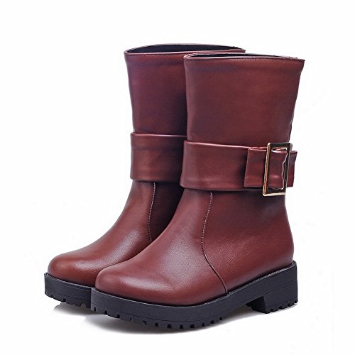 VogueZone009 Womens Round Closed Toe Low Heels Synthetic Solid Boots with Leather Button, Claret, 42