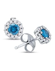 10K White Gold Round Brilliant Cut Blue and White Diamond - Flower Shape Halo Channel Set Studs Earrings with Secure Push Back Closure - (1/2 cttw.)