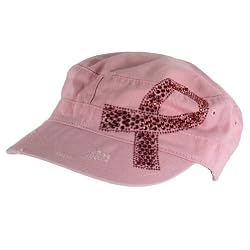 Cancer Pink Crystal Ribbon Frayed Cadet Hat Cap Pink