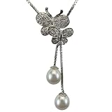 Twin Dancing Butterflies Dangling White Cultured Pearl Platinum Overlay CAREFREE Sterling Silver Pendant Necklace