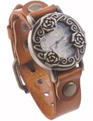 Neewer Womens Fashion Accessories Vintage Carved Engraved Bronzy Rose Leather Wrist Watch Khaki