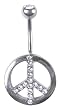 Stainless Steel Belly Ring with Clear Crystals - Peace Sign Dangling