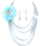 Blue Pearl with Blue Fabric Flower Broach Accent Necklace
