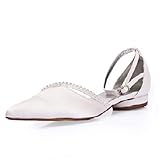 IMAGE OF Women's Top Quality Satin Ankle-Straps Upper Low Heel Pumps with Rhinestone Wedding Bridal Shoes (Size: 8.5 B(M) US/Ivory)