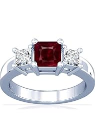 14K White Gold Princess Cut Ruby Three Stone Ring