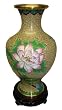 Chinese cloisonne copper body enameled flower vase "Pink Peony" - stand / base included, 8"H