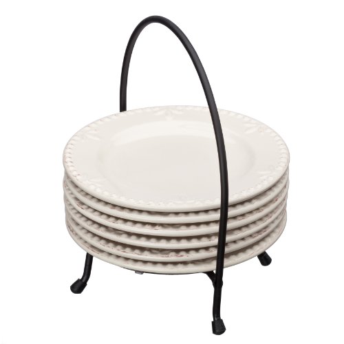 Signature Housewares Sorrento 6-Inch Stoneware Plates with Serving Caddy, Ivory, Set of 6