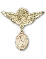 Gold Filled Baby Badge with St. Juan Diego Charm and Angel with Wings Badge Pin