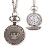 ZAD Round Antiqued Silver Crown Locket Necklace Watch on LONG Antique Silver Chain