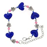 Blue Murano Glass Heart and Silvertone Flower Bracelet