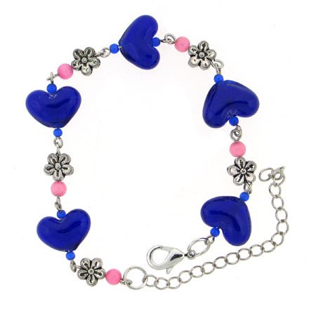 Blue Murano Glass Heart and Silvertone Flower Bracelet
