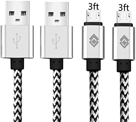 Micro USB Cable,[2-Pack] 3''ft/1m Premium Durable Nylon Braided Tangle-free High Speed Data Sync Charger cord with Aluminum Heads for Android Samsung HTC Motorola LG Sony Blackberry and More (silver)