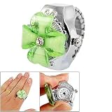Como Green Clover Hunter Case Round Dial Stretch Band Finger Ring Watch for Lady