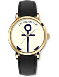 SPRAWL Aanalog Fashion Series Gold Ladies Watches of Genuine Black Leather Strap,Unique Wrist Watch for Women Girls Designed with I am the captain