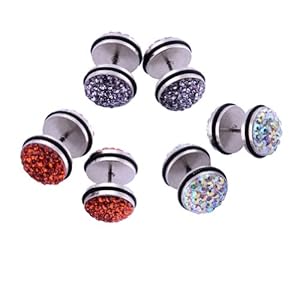 Kadima Stainless Steel Fake Plugs with Swarovski CZ Bling Rhinestone Gemstone,Lot of 6 10MM Look - Black Diamond,Orange,Crystal AB