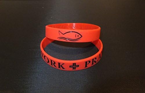 1 - "WORK + PRAY" w/ fish (RED w/ BLACK text) Silicone Wristband **Designed by Tifepiphany**
