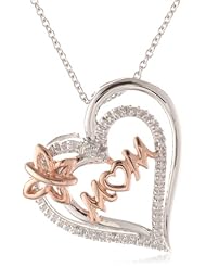 18k Rose Gold Plated Sterling Silver Diamond Accent Mom and Butterfly Heart Pendant Necklace (I-J Color, I2-I3 Clarity), 18"