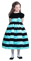 Girls Striped Print Puff Sleeves Taffeta/Velvet Short Tea Length  Dress