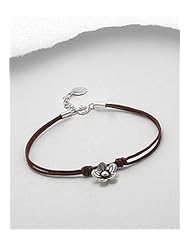 Saddle Brown Flower Leather Bracelet In 92.5 Sterling Silver