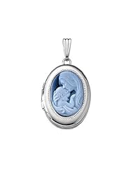 14k White Gold Oval "Mother and Child" Cameo Locket 5/8 inch x 3/4 inch Solid 14K White Gold