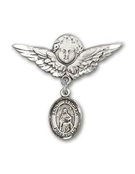 Sterling Silver Baby Badge with St. Deborah Charm and Angel with Wings Badge Pin