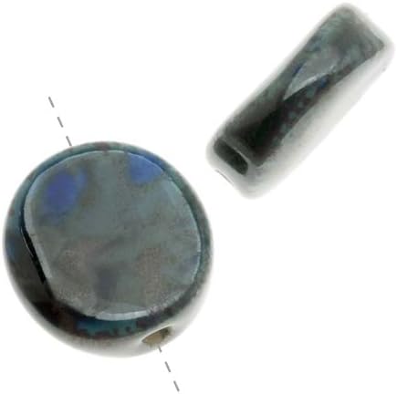 Clay River Designs Porcelain Beads, 13.5mm Indented Coin, 2 Pieces, Marbeled Blue