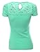 Doublju Women Short Sleeve Shoulder Lace Designed Round Neck Slim Fit Top