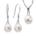 Pearl Essence 7-8mm AAAA Drop Pendant Necklace & Earrings Set in Platinum Overlay CAREFREE Sterling Silver, White